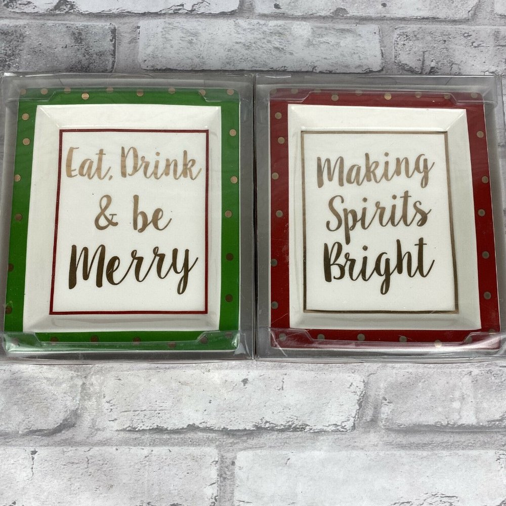 DEI Christmas Trinket Trays Set of 2 Eat Drink Be Merry Making Spirits Bright